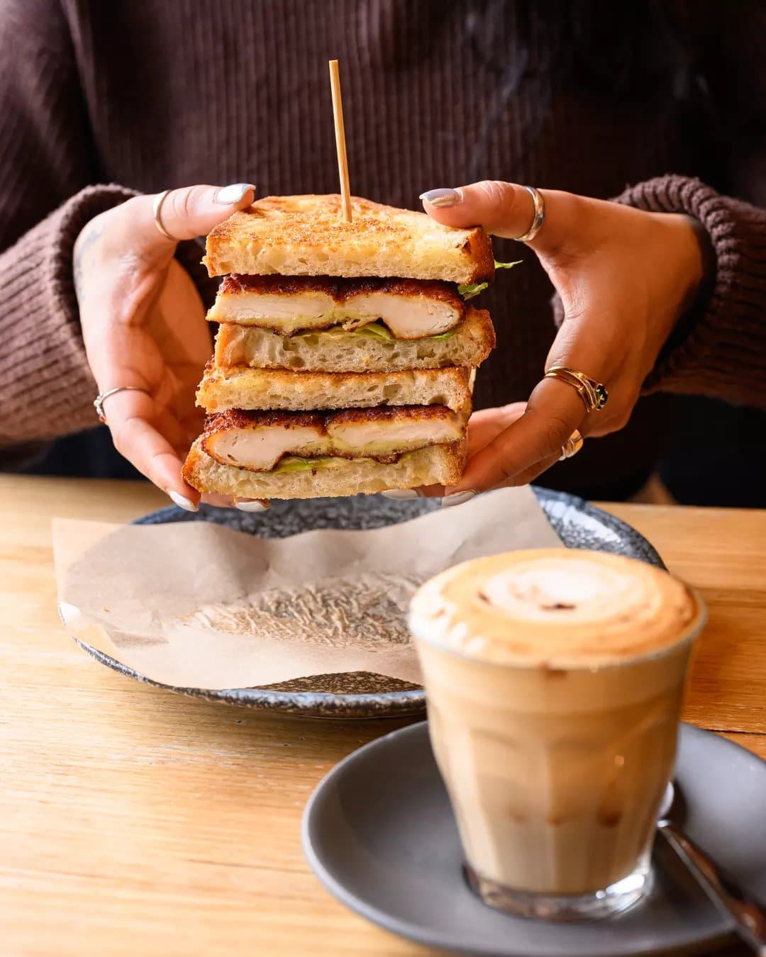 Club sandwich and a latte